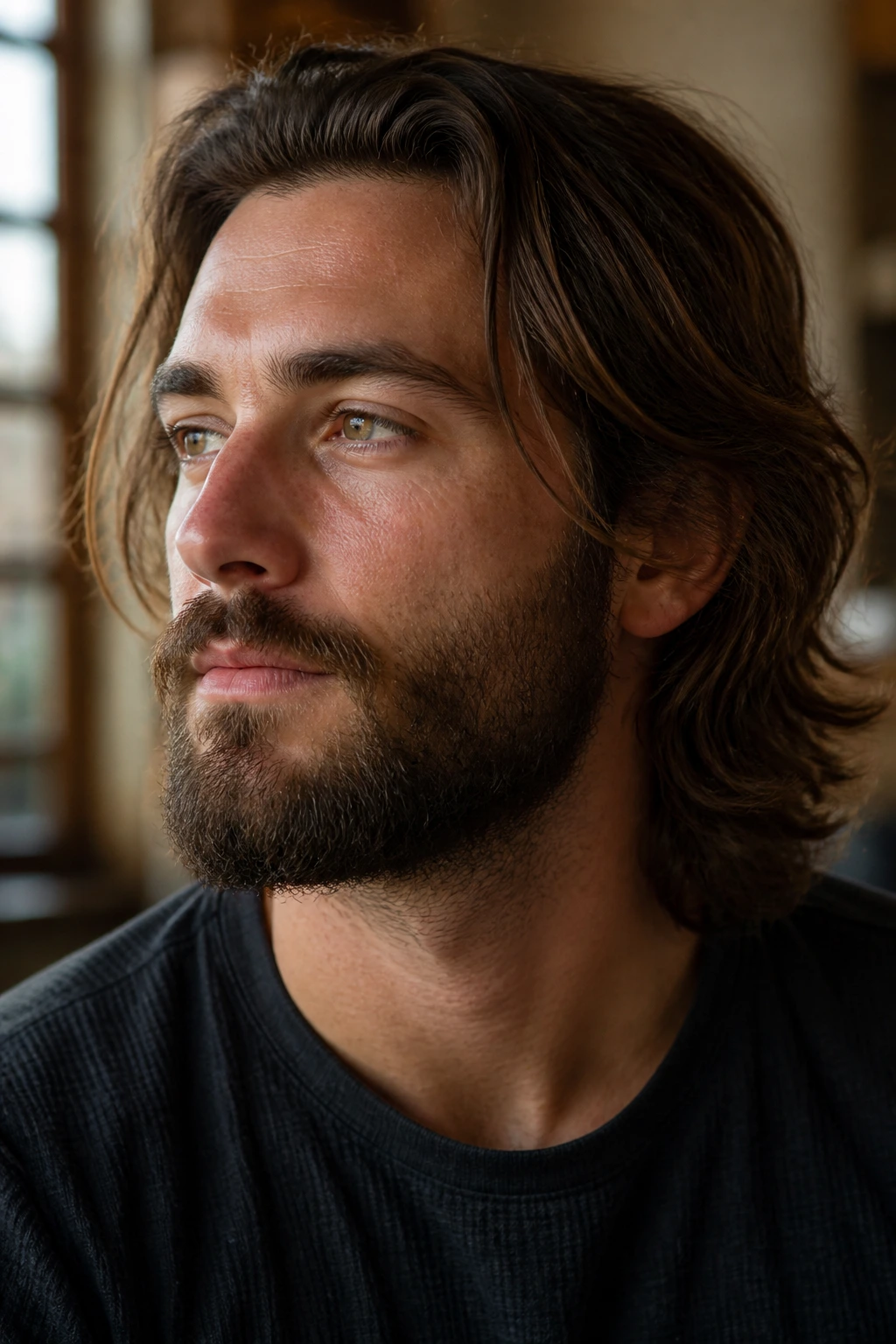 Close-up of a man with a natural unlined beard and long hair