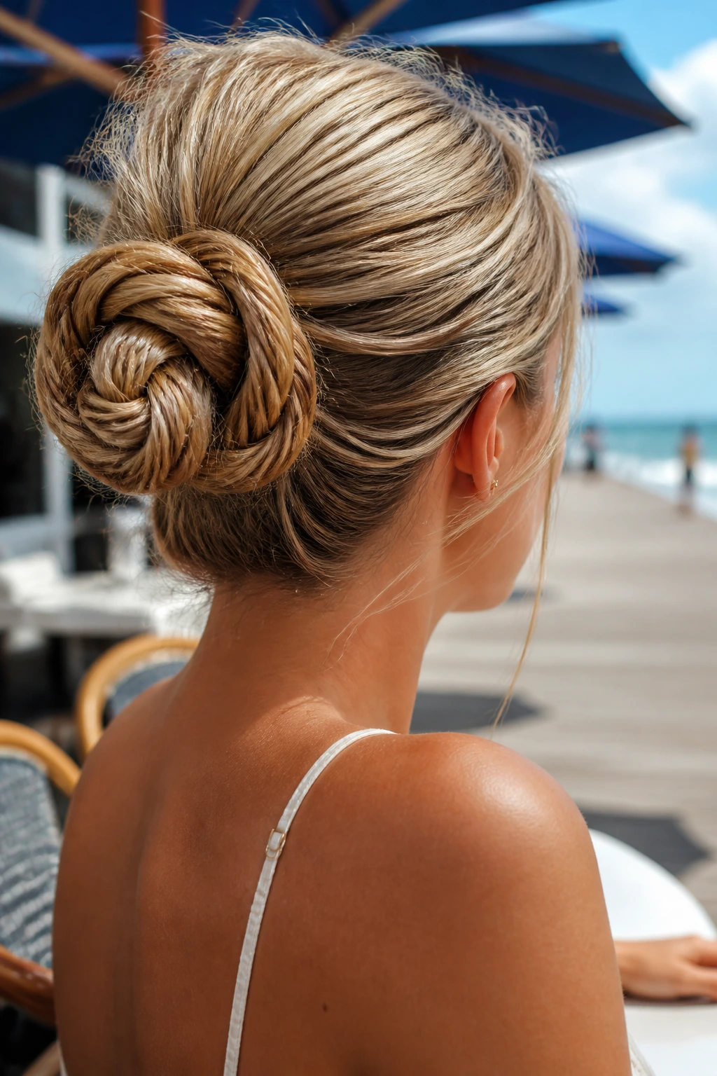 Close-up of a real woman with a nautical knot bun in coastal daylight