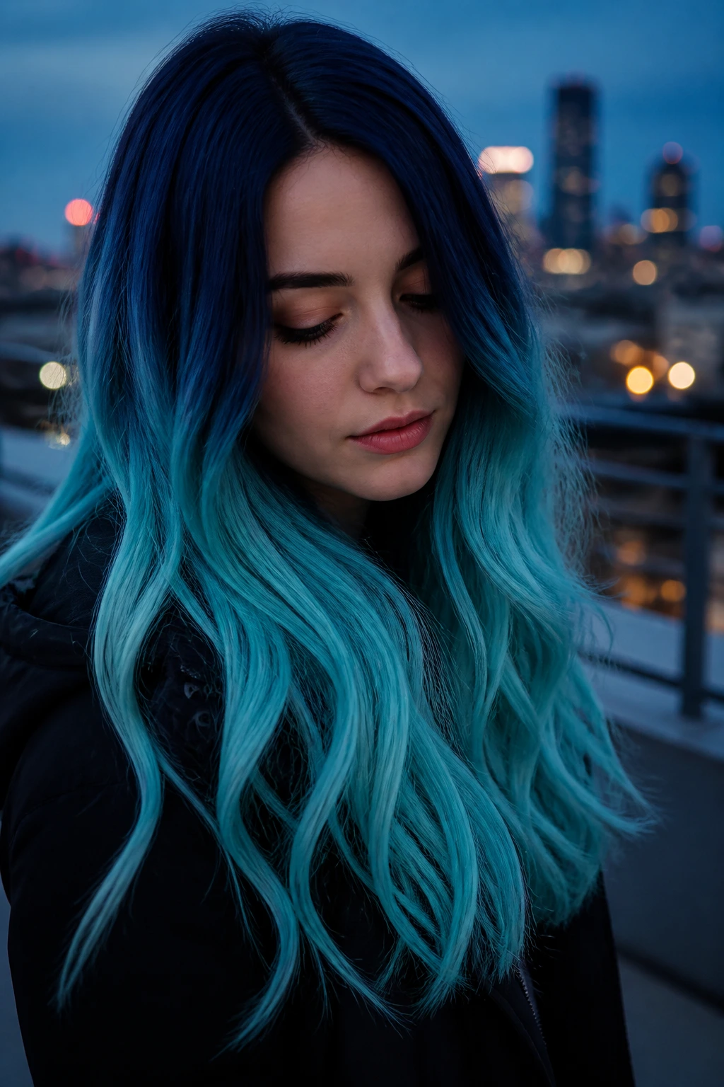 Navy to aqua gradient hair on a real person with city backdrop