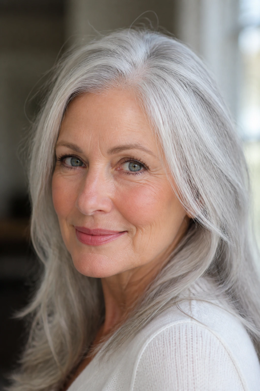 Close-up of near-white gray hair with white-silver blend on a real person