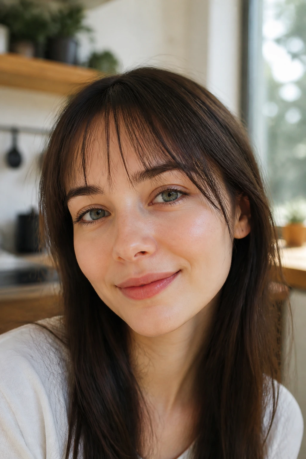 Close-up portrait of a real woman with a nearly invisible fringe in bright kitchen light