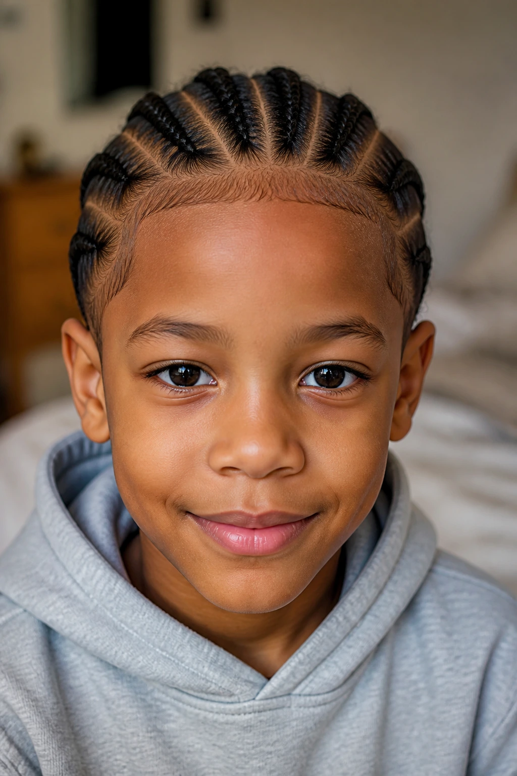 Close-up of a boy's head with braids and smooth, soft-edged hairline.