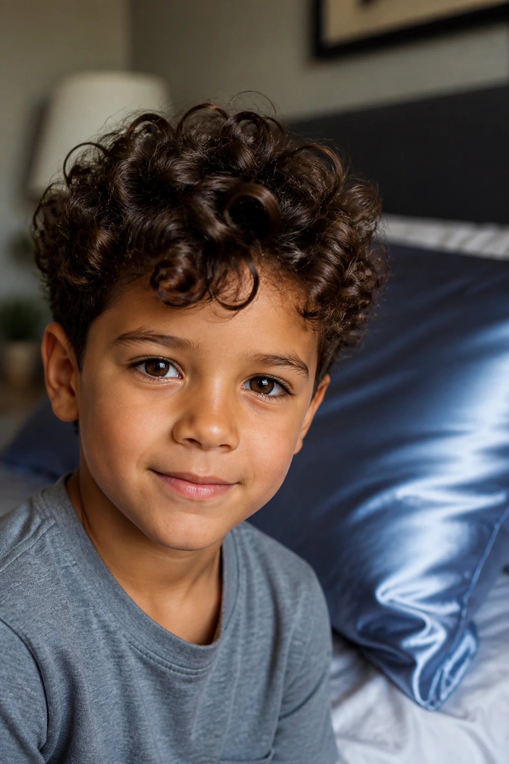 Close-up of a boy with neat curls in a bedroom with satin pillowcase in the background.