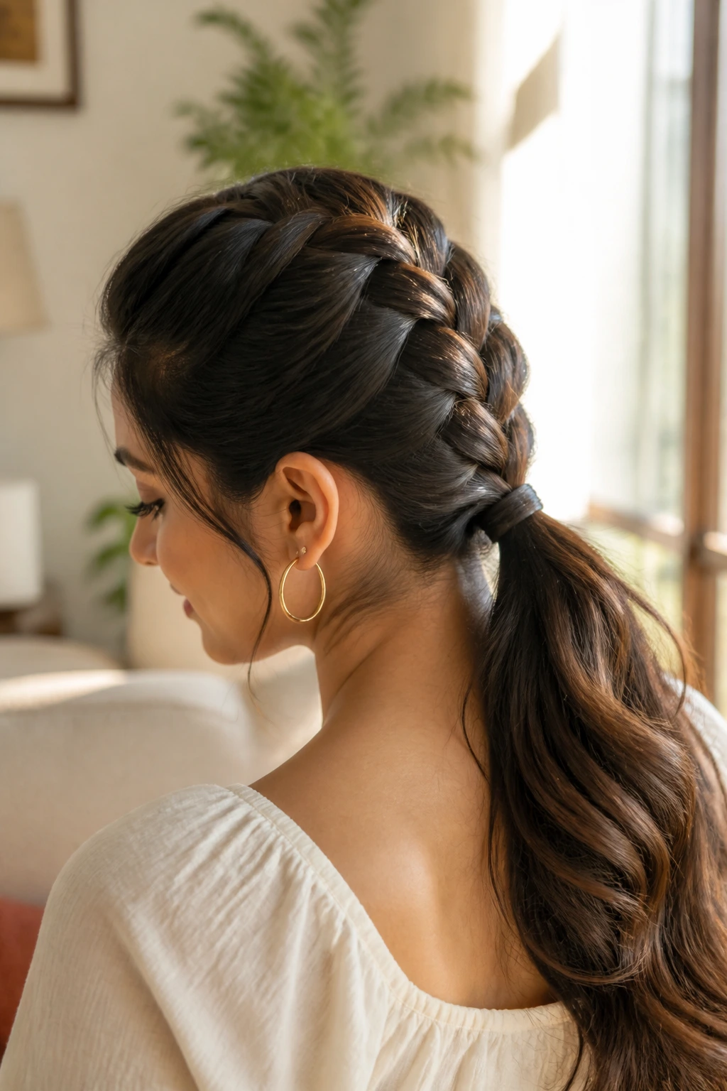 Close-up of a woman with a neat French braid transitioning into a low ponytail