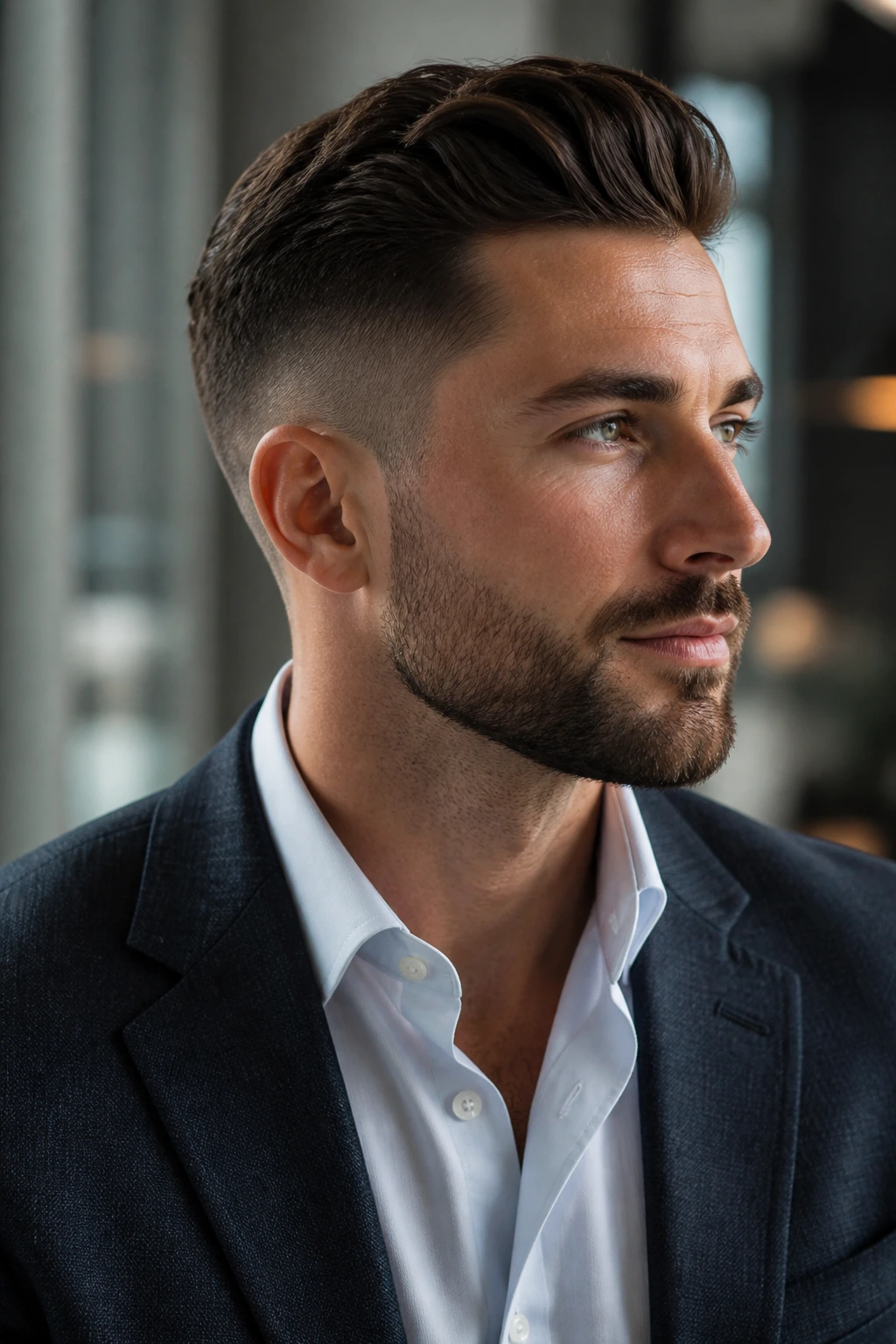 Man with neat haircut and crisp shirt collar in a professional setting
