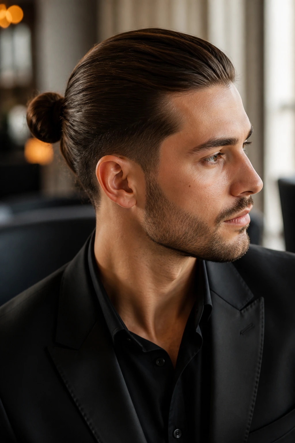 Close-up of man with neat man bun and tapered sides