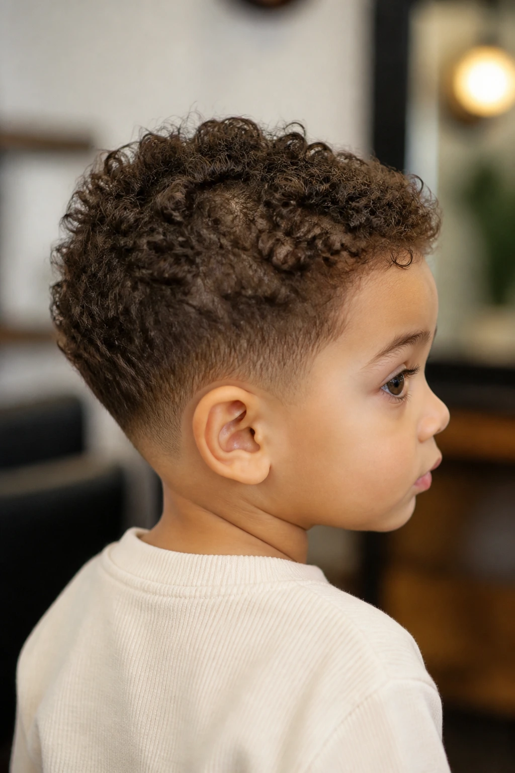 Toddler boy with clean neckline and natural top curly hairstyle in warm indoor light