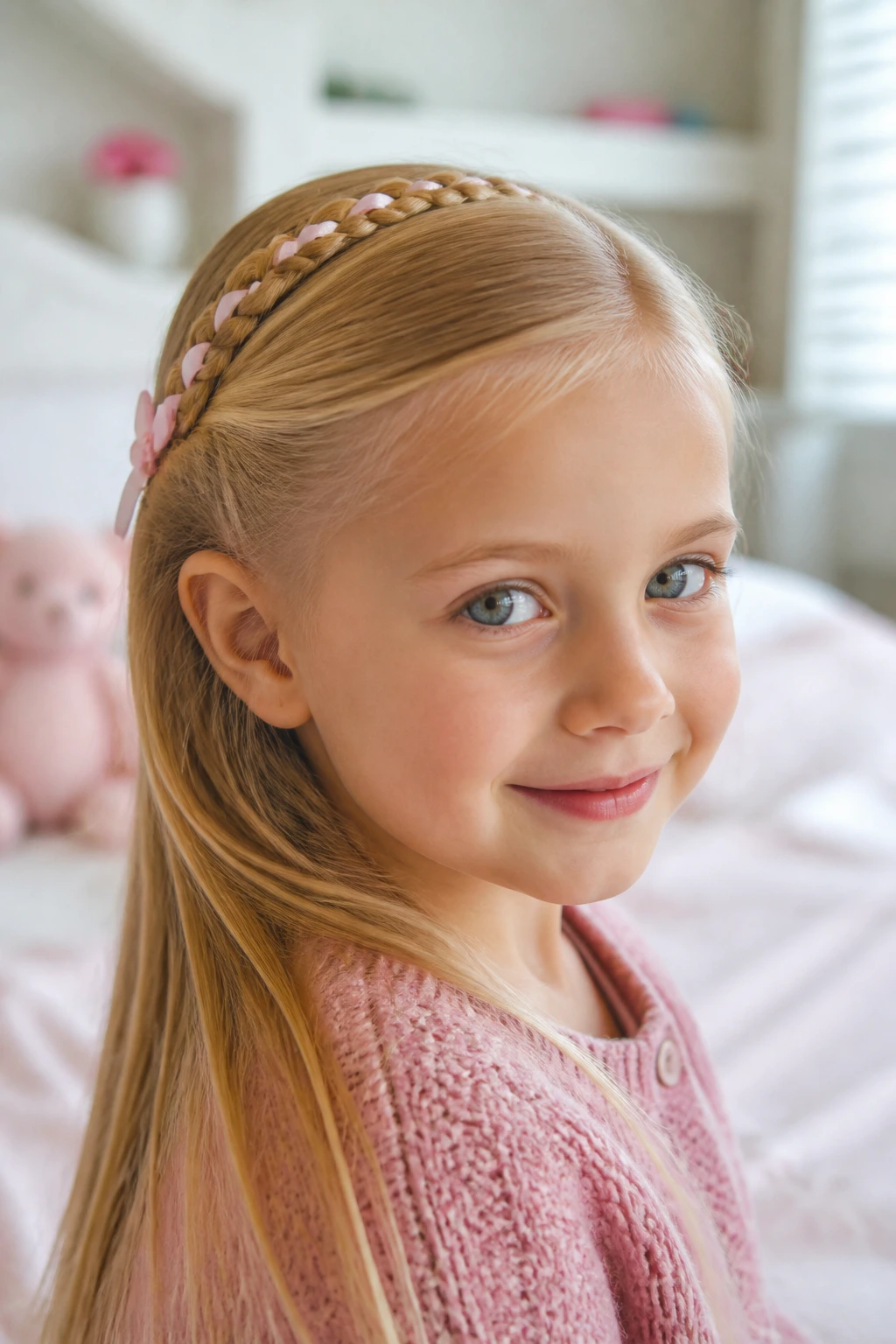 Close-up of a little girl's head with a neat part and ribbon braid along the scalp