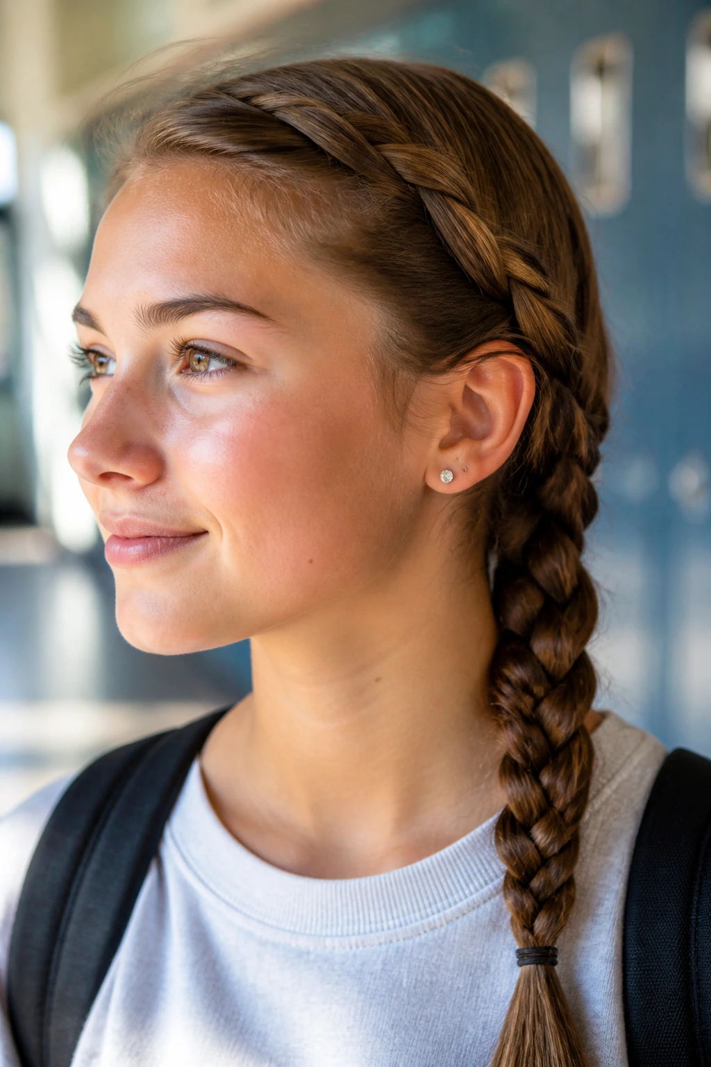 Close-up portrait of a real teen girl with a neat side braid in a school hallway