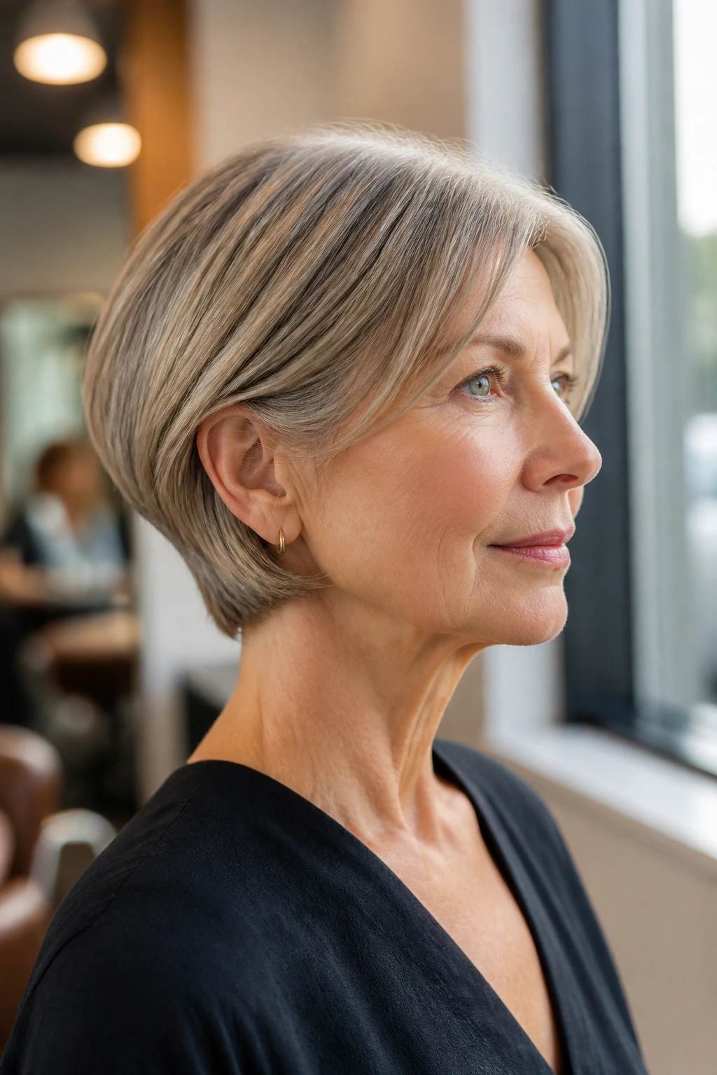 Close-up of neck-grazing bob tucked at nape on real woman
