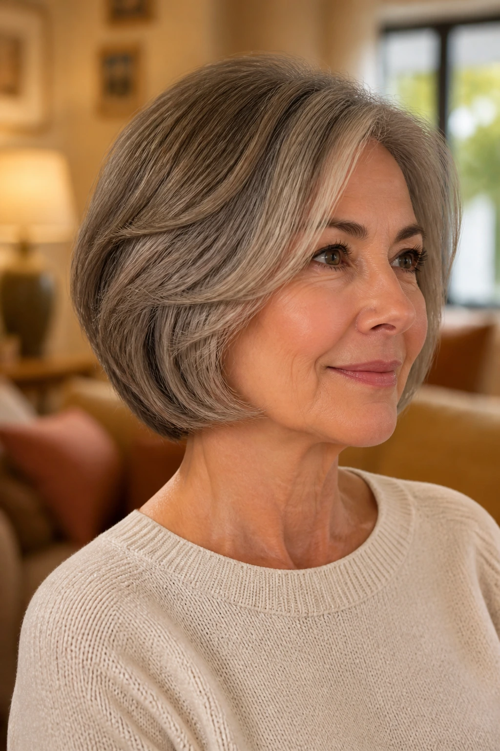 Real woman with neck-grazing layered bob and soft undercurve