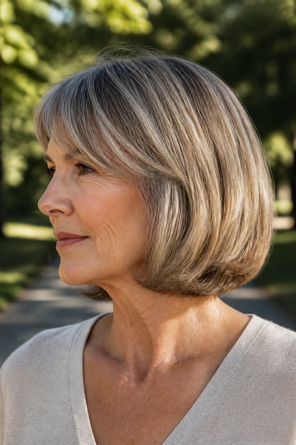 Side-profile of a woman with neck-grazing swing cut