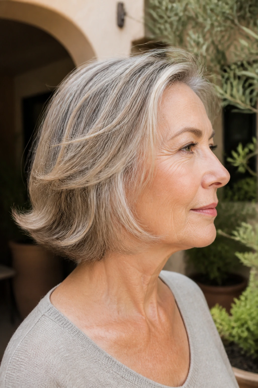 Profile of real woman with Neck-Grazing Flip Shag showing flipped ends