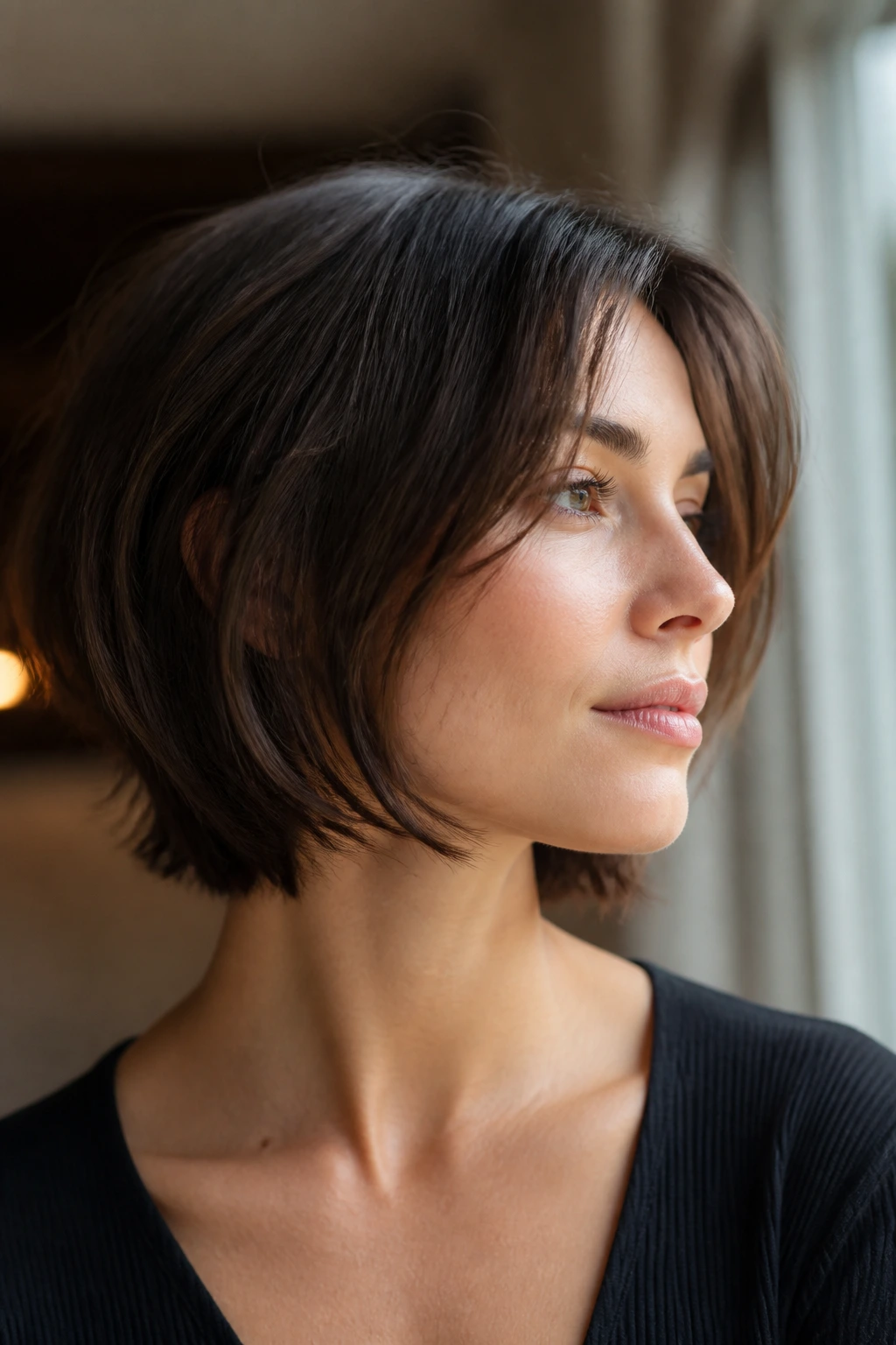 Real person with neck-grazing jaw layers showing soft, elegant framing