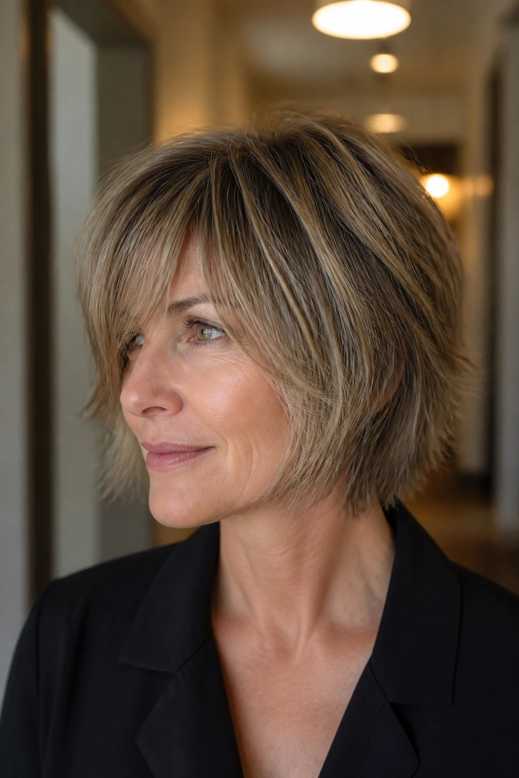 Close-up portrait of a real woman wearing neck-grazing shag with long fringe by a hallway light.