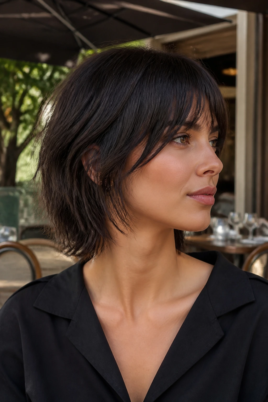 Close-up of a real person with neck-grazing shag for a fresh, low-maintenance look.