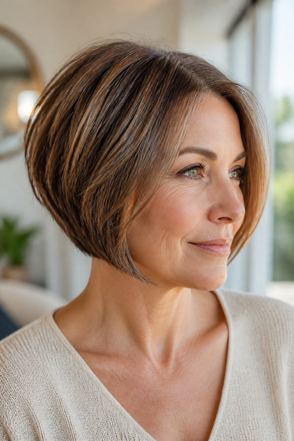 Close-up portrait of a real woman with neck-grazing stacked bob showing neck