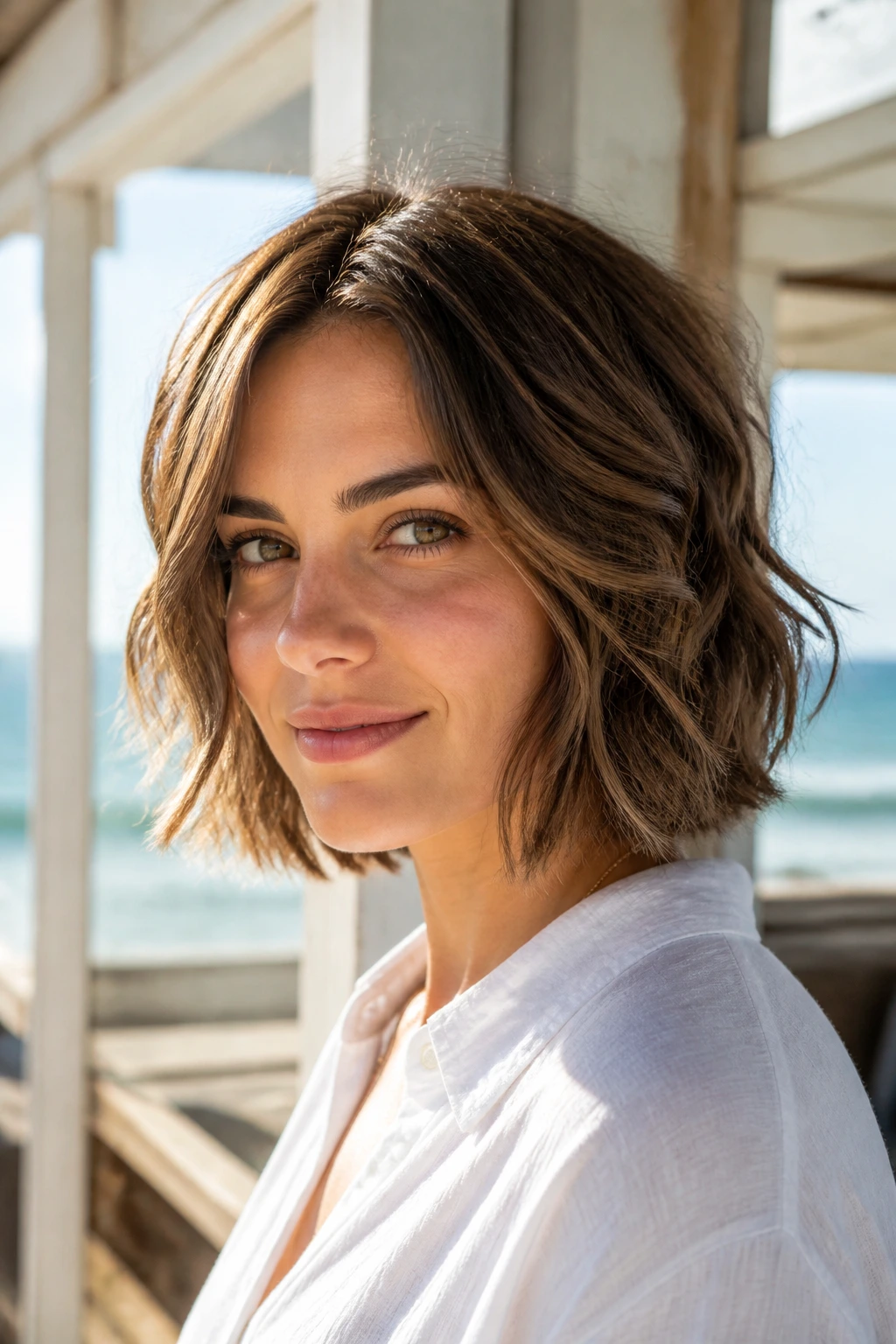 Medium close-up of a real woman with a neck-grazing wavy lob in natural sunlight.