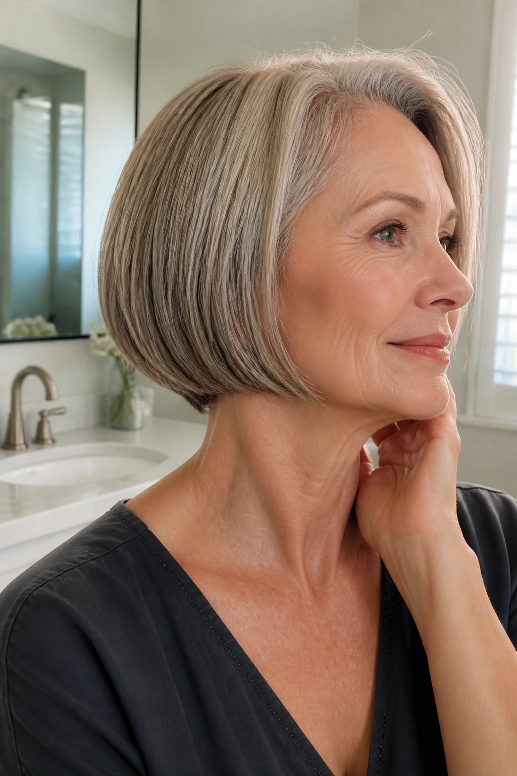 Close-up of a real woman with a neck-hugging bob and crisp nape in natural light