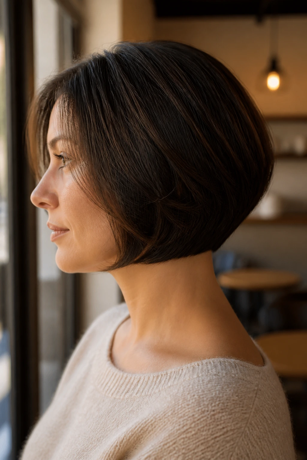 Side-profile of a real woman with a Neck-Hugging Curved-Underline Bob showing the neck-hugging curve.