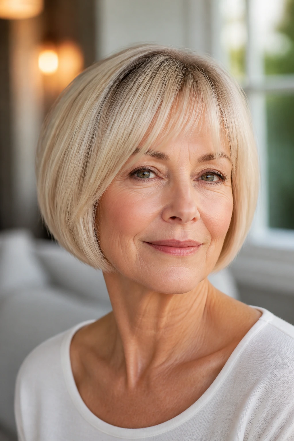 Close-up of an older woman with a neck-hugging bob