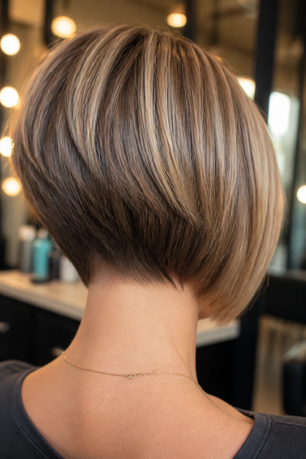 Rear view of real woman with neck-hugging nape stacked bob in salon
