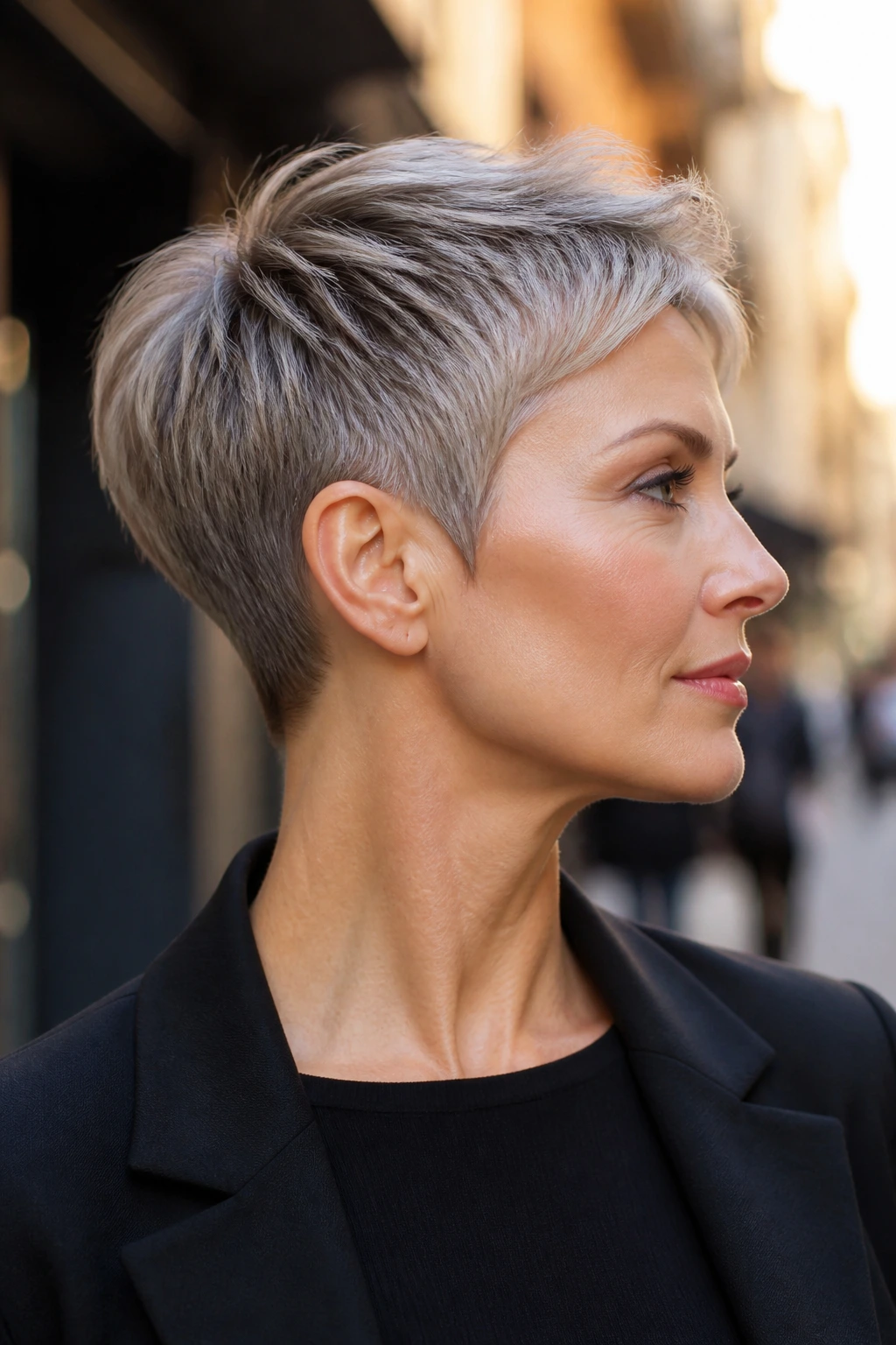 Close-up profile of a real woman with neck-hugging sculpted pixie showing clean nape