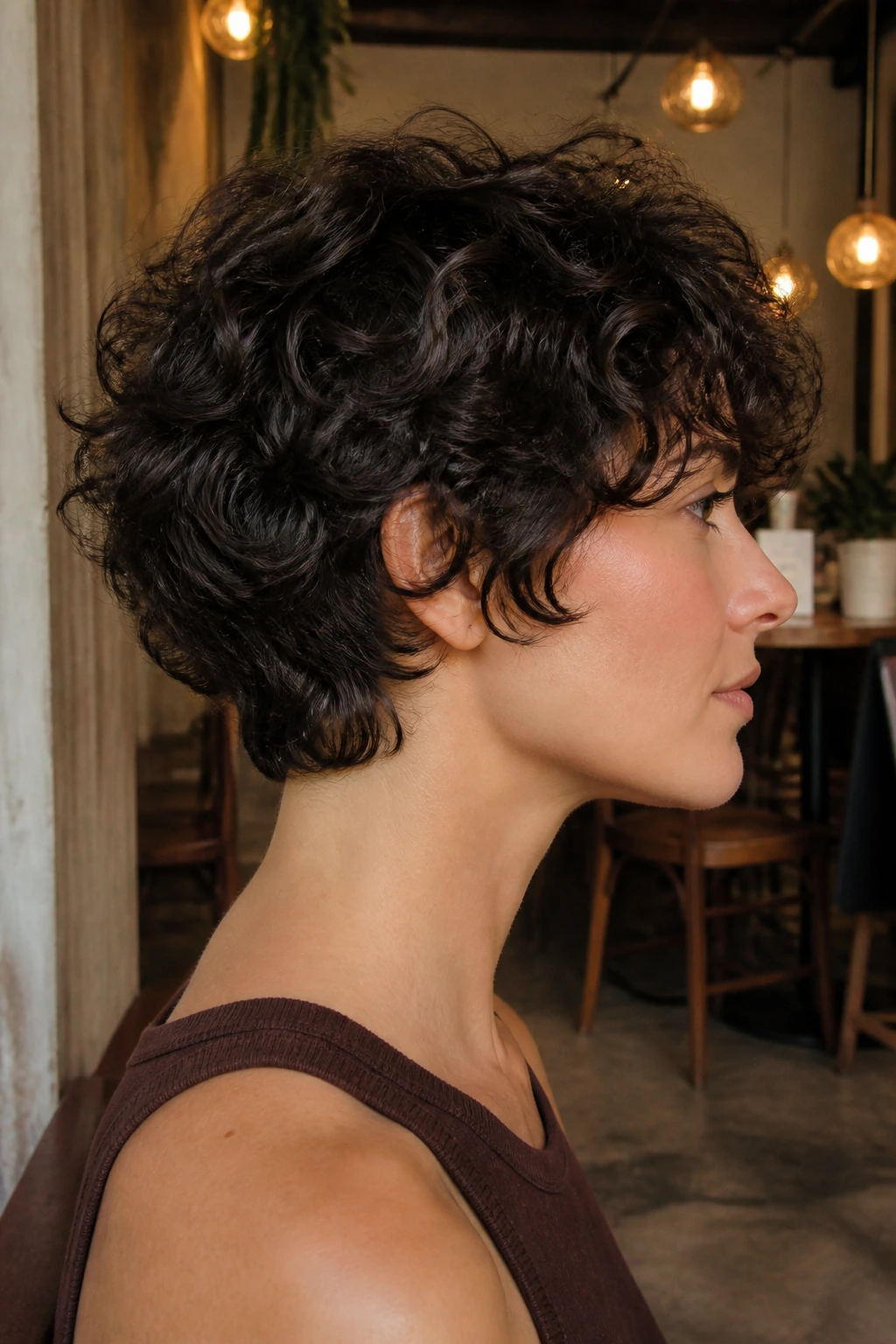 Side-profile of a real person with neck-hugging shag showing the neck silhouette