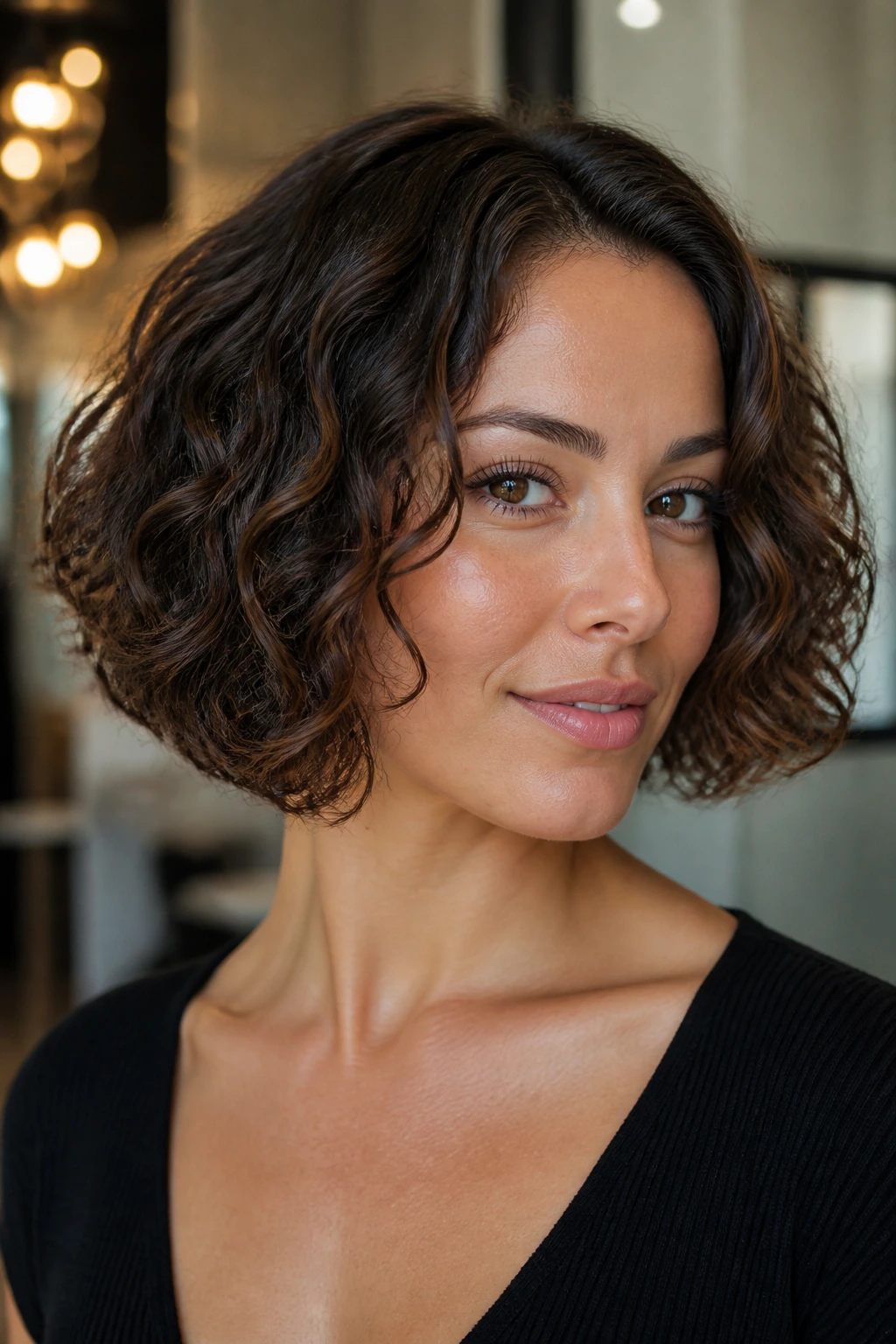 Close-up of a real woman with a neck-length blunt bob and hidden internal layers on a diamond face