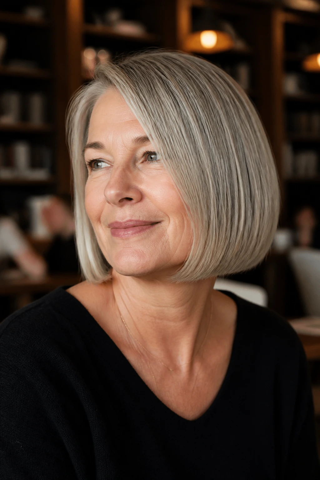 Close-up portrait of a real woman with a neck-length blunt bob and crisp edge