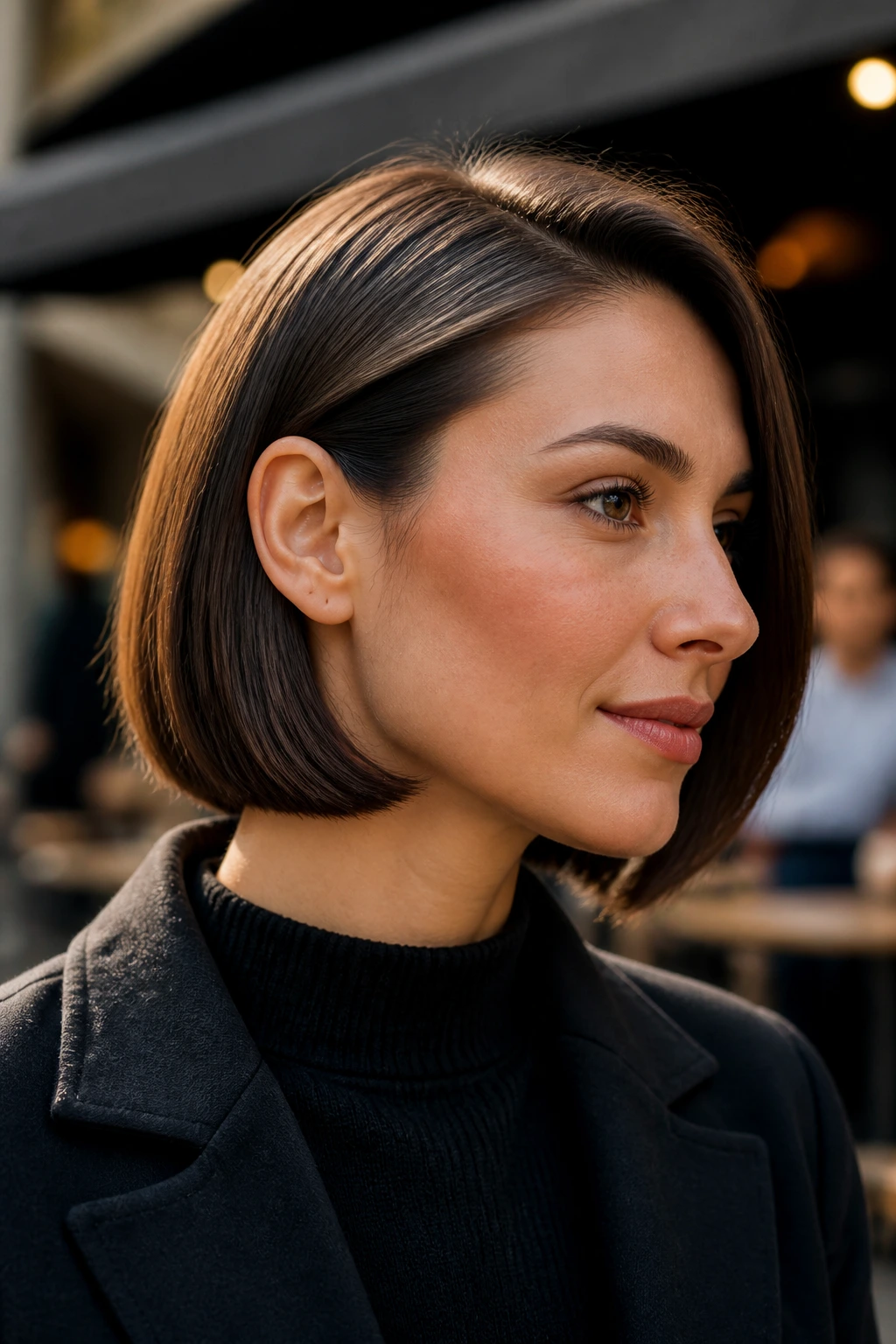 Portrait of a real woman with a neck-length bob tucked behind the ear