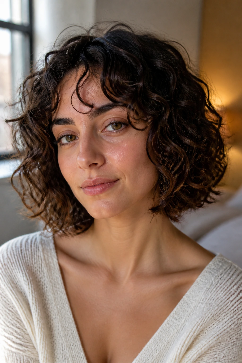 Close-up of real woman with neck-length bob grazing collarbone in soft natural light