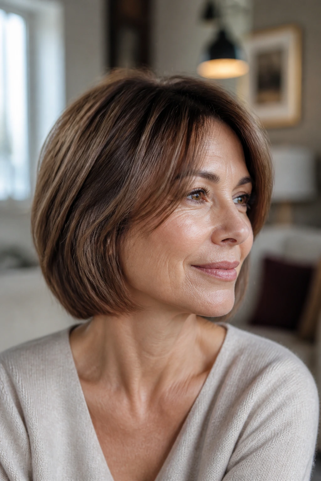 Real woman with soft neck-length bob featuring internal layers.