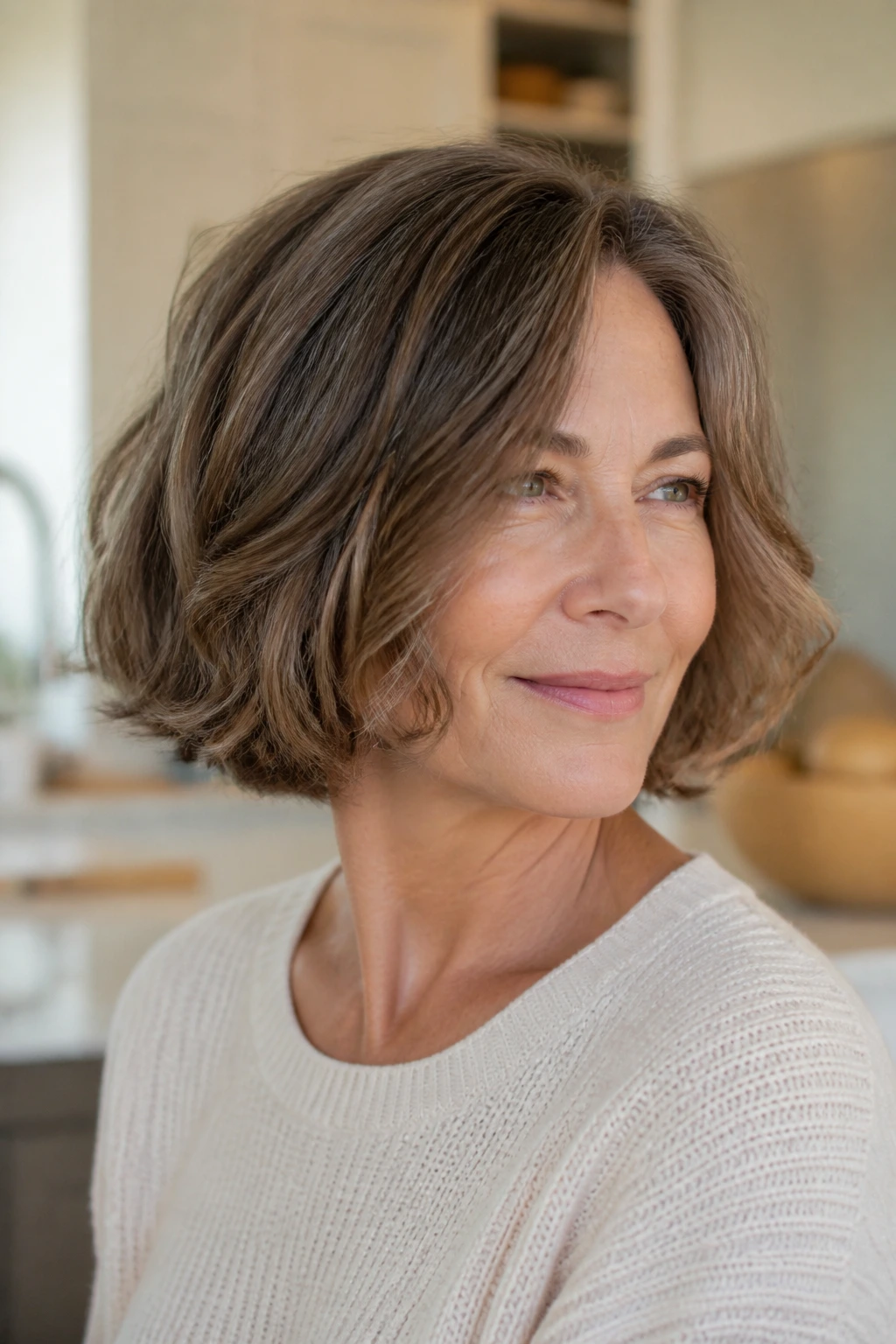 Close-up portrait of a real woman with a neck-length bob and internal layers.