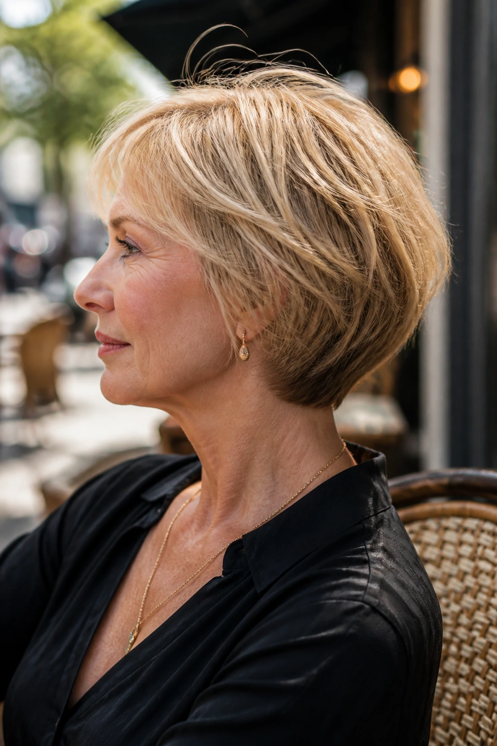 Portrait of a real woman with neck-length blonde bob and tapered back.