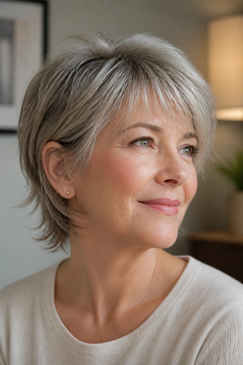 Portrait of a woman with neck-length crop and wispy layers