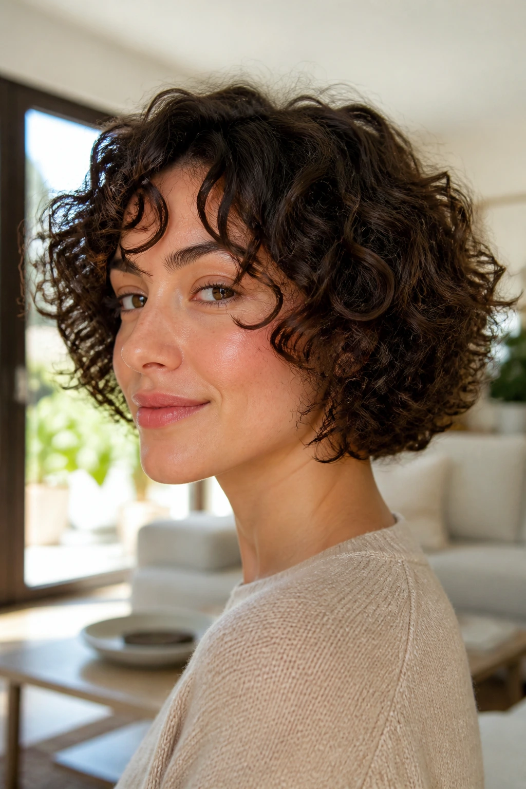 Close-up of neck-length curly bob on a real person