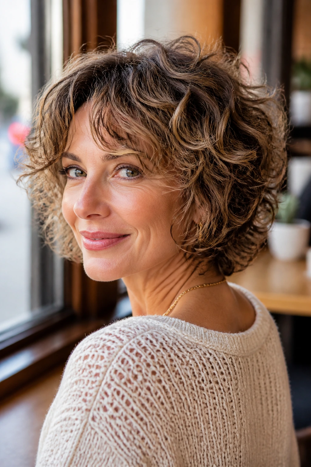 Portrait of a woman with neck-length tousled curls showing layered texture.