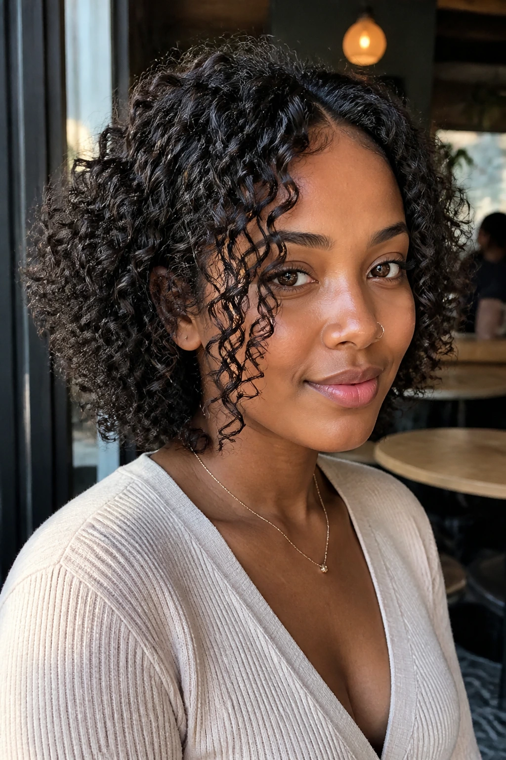 Close-up of a Black woman with neck-length curly crop framing the cheeks in soft daylight