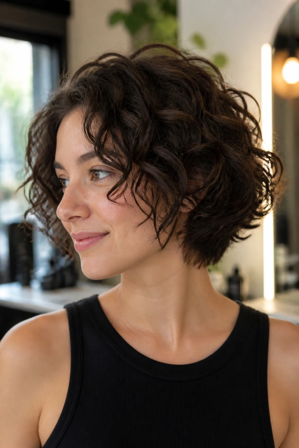 Close-up portrait of neck-length curly hair with soft underlayers in a salon
