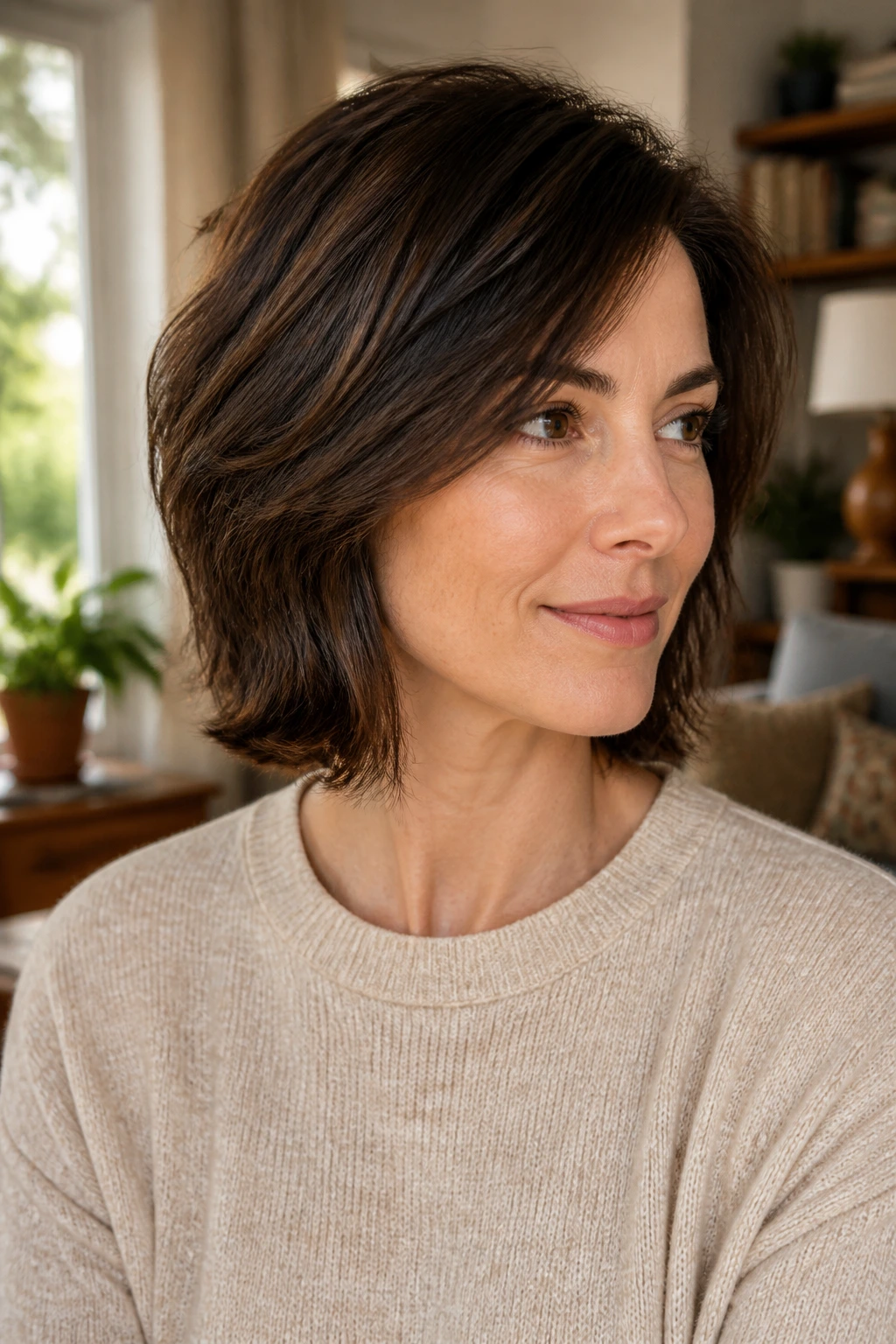Portrait of a woman with a neck-length layered cut in a cozy room