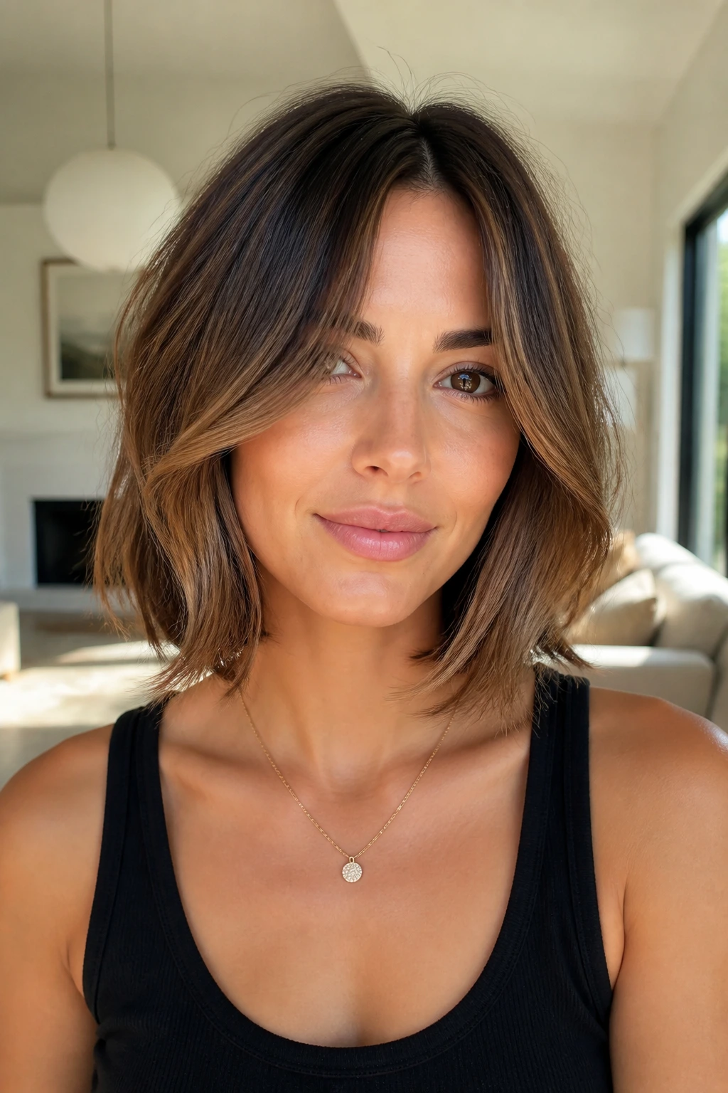 Close-up of a real woman with neck-length lob and curtain bend in natural light.