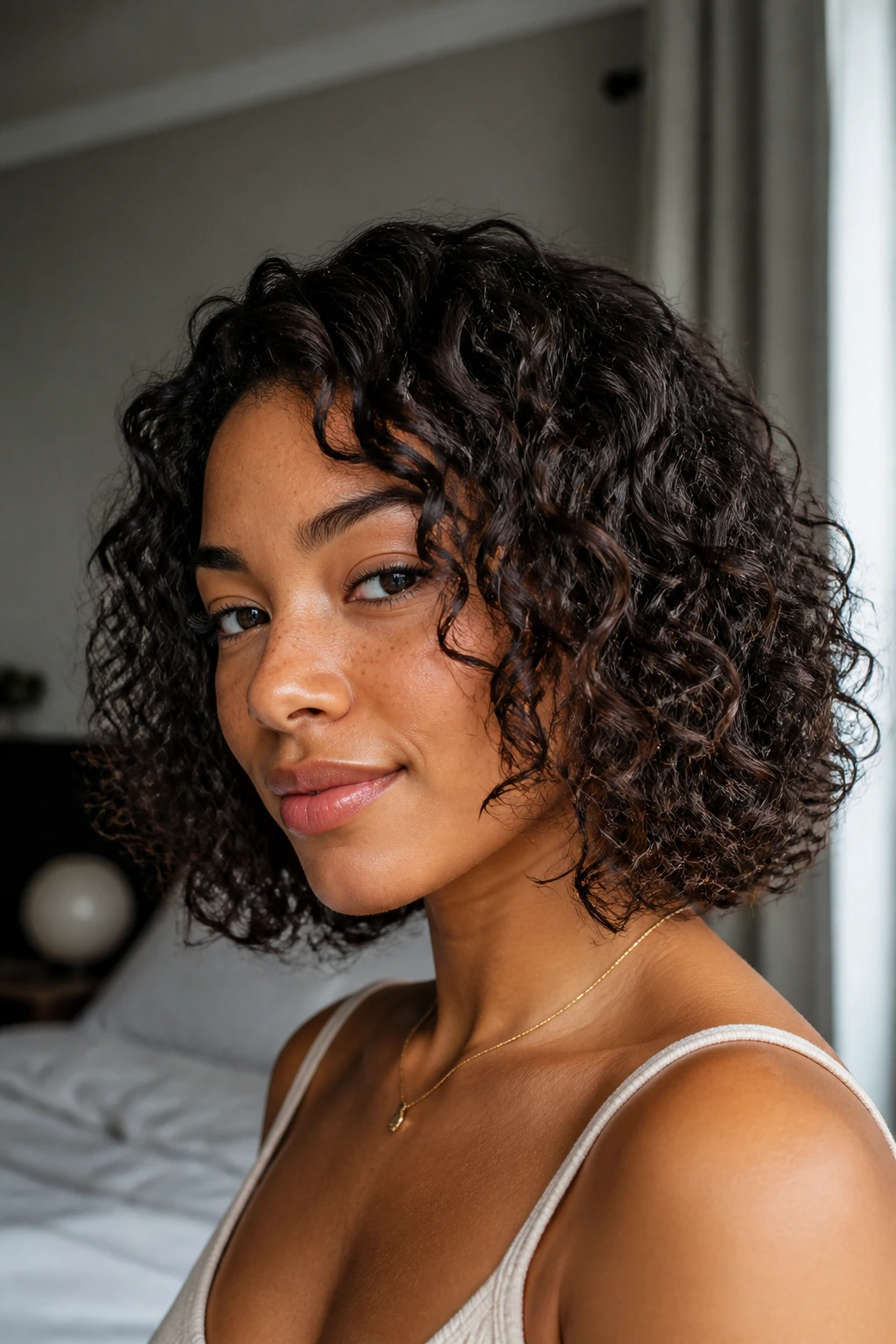 Close-up of a real person with a neck-length lob and internal layers showing movement.