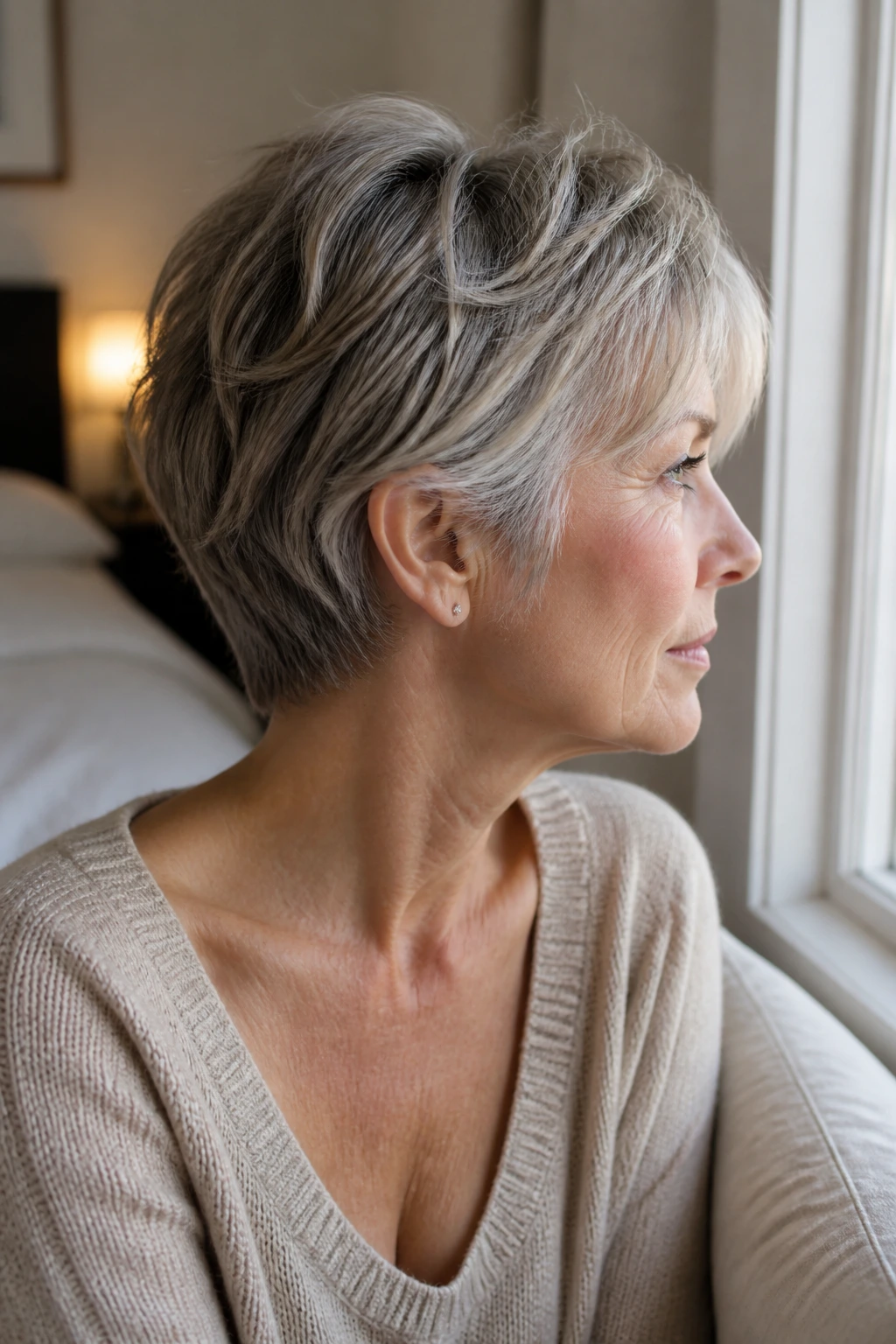Portrait of a woman with neck-length pixie and soft grow-out under daylight.