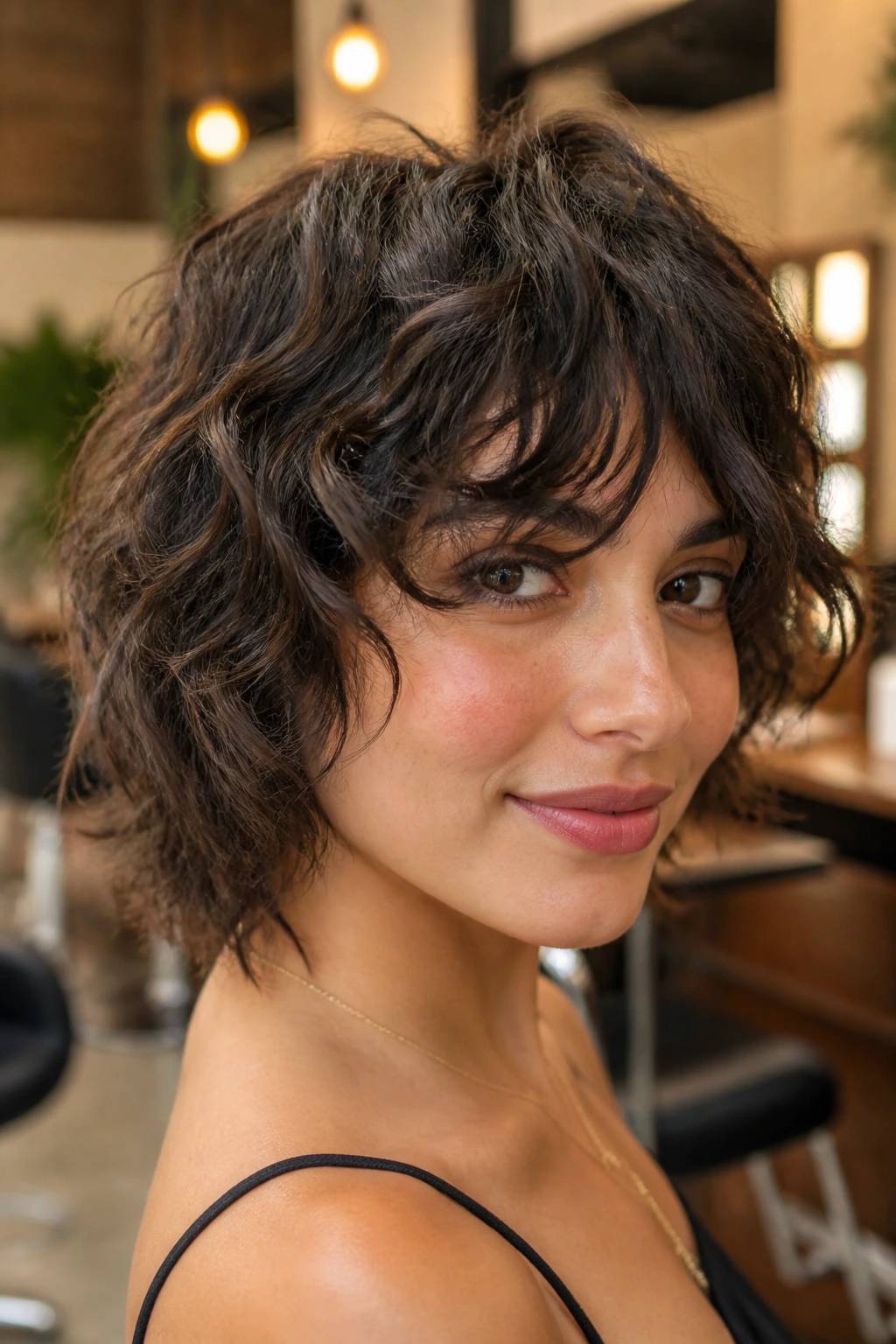 Close-up portrait of a woman with neck-length shag and swoopy bangs in warm salon light