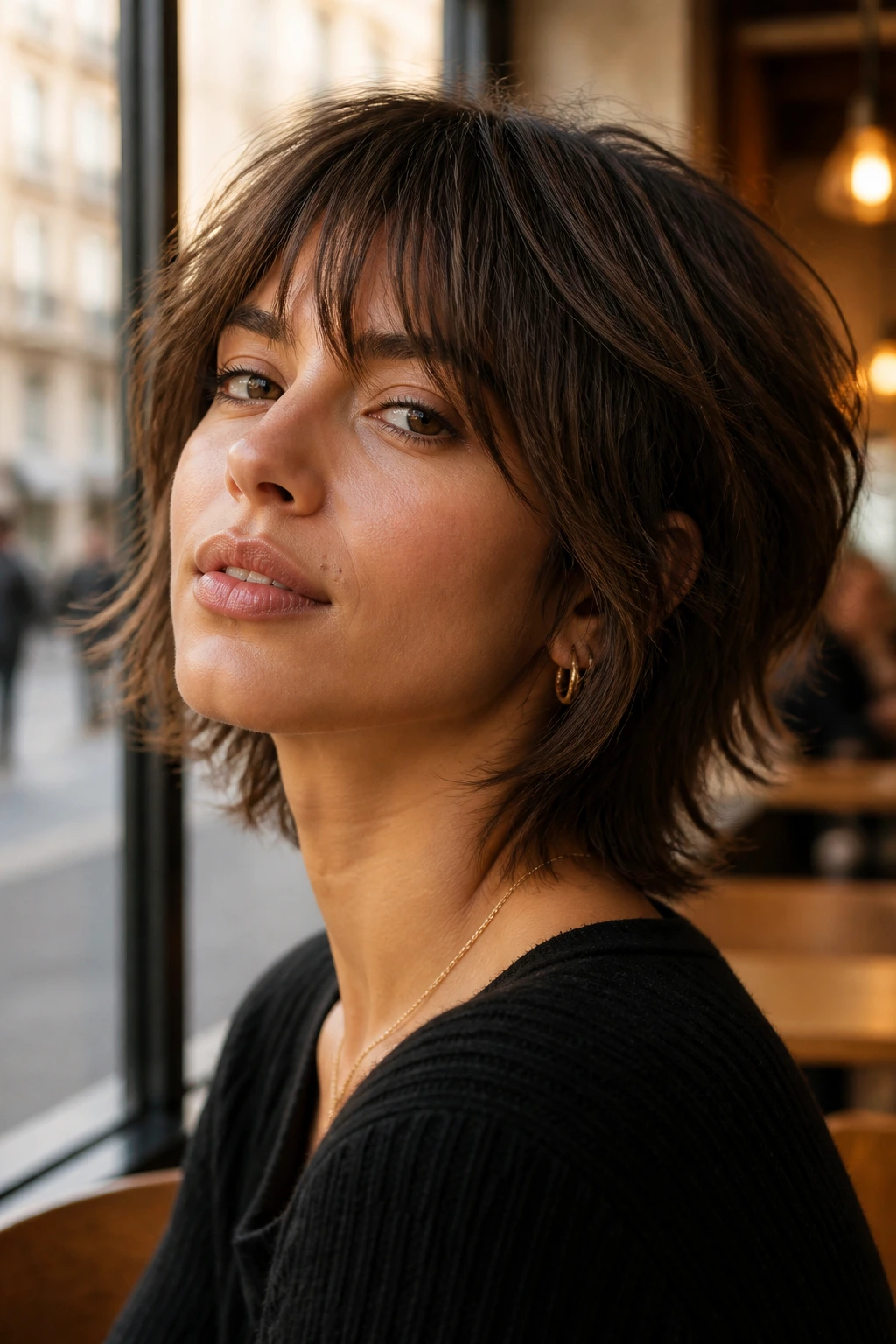 Close-up of real woman with neck-length soft shag hairstyle