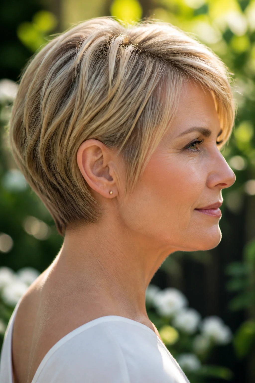 Close-up of a real woman with neck-short pixie bob and crisp hairline outdoors.