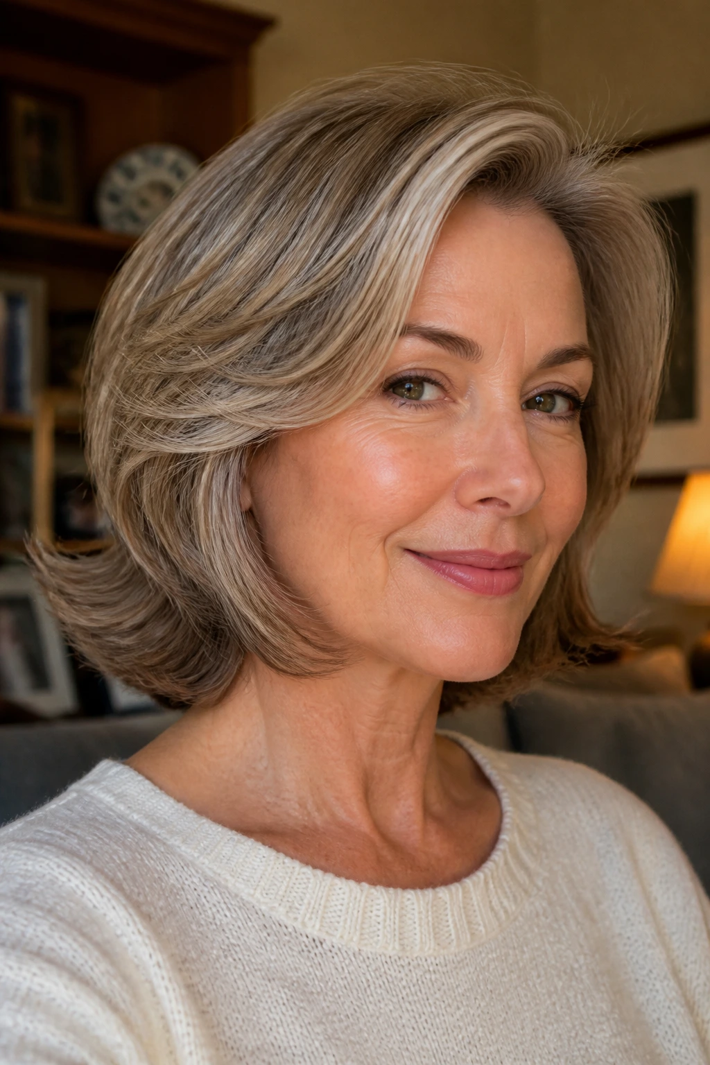 Close-up of real person with neck-skimming feathered flip hairstyle.
