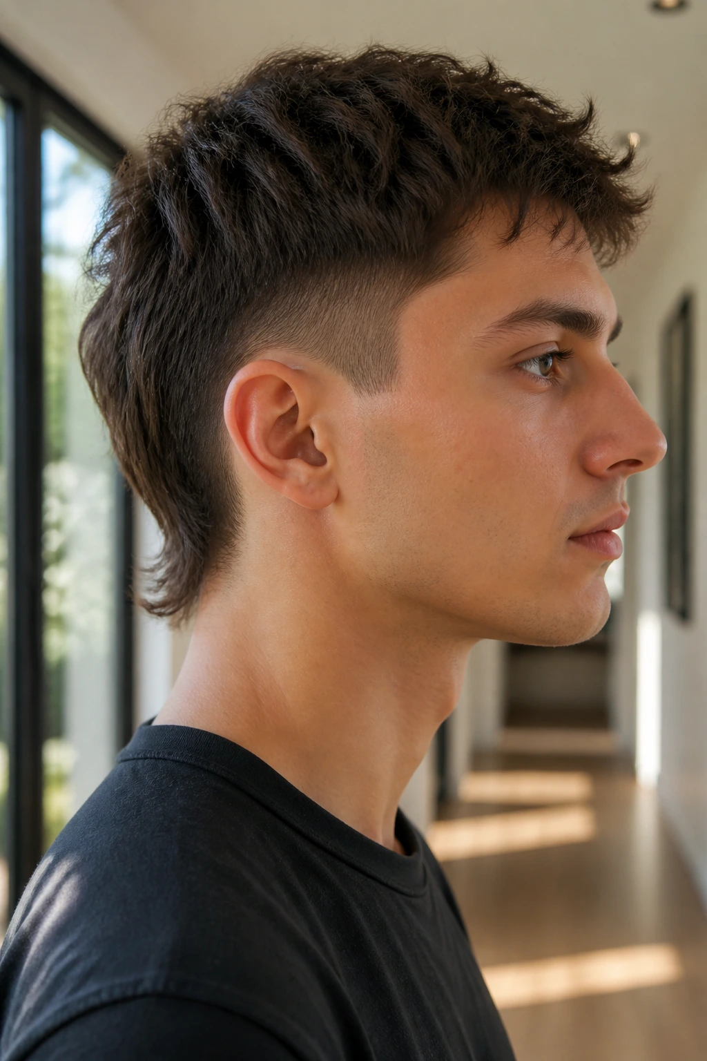 Close-up portrait of a person with a neck-taper mini mullet in a bright hallway