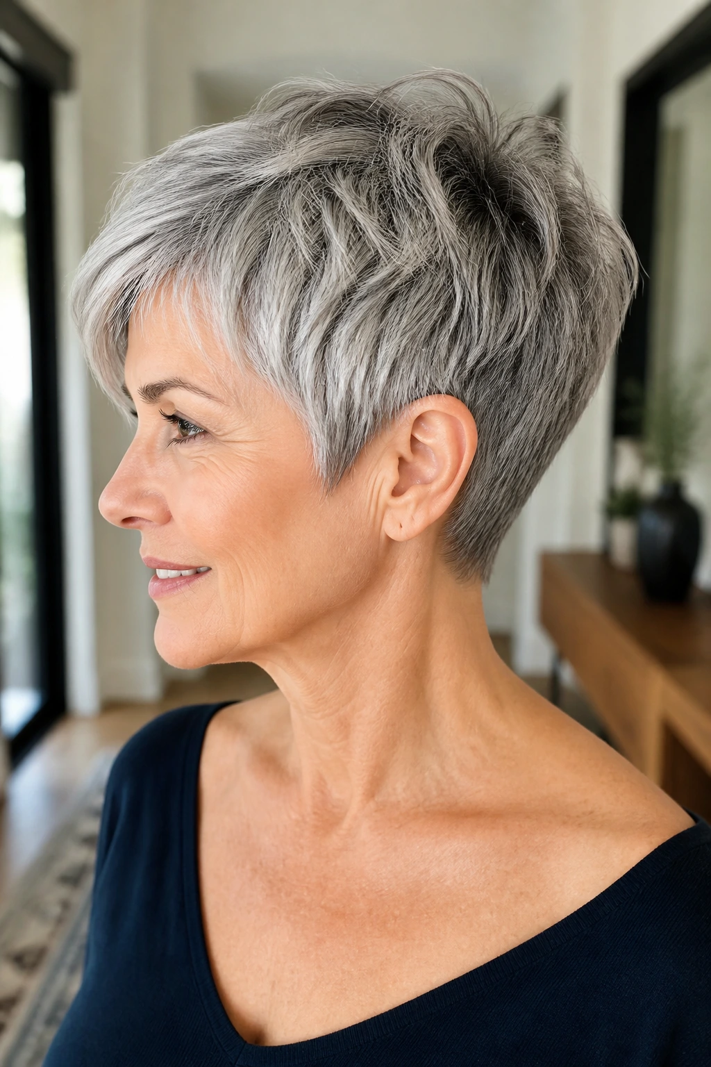 Portrait of real woman with neck-taper pixie, tidy sides and easy styling